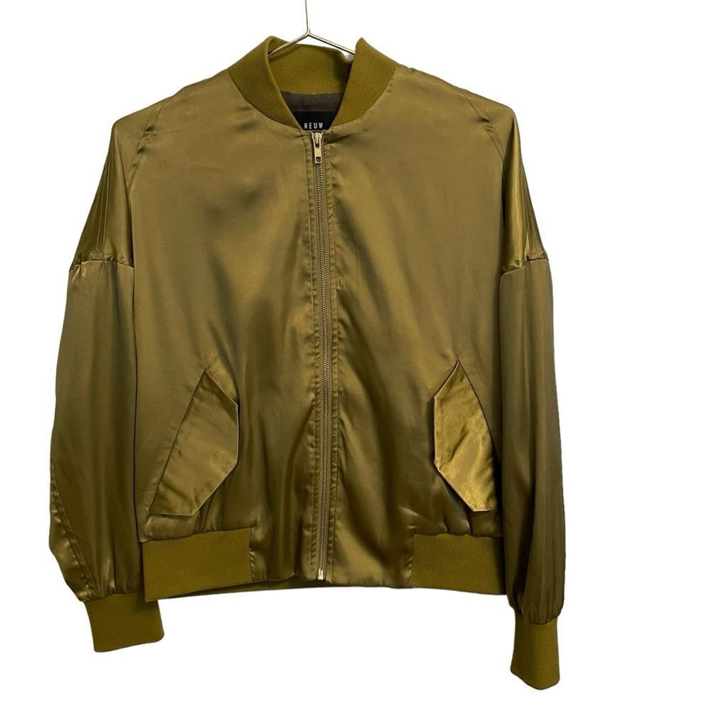 Neuw Womens Satin Bomber Jacket Olive Green Zip Front Relaxed Fit Solid